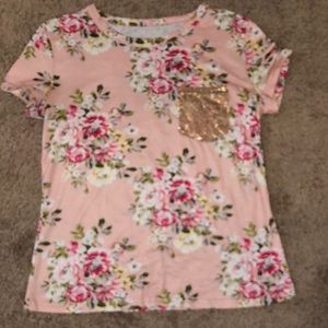 Floral Short Sleeve Tee with Sequin Pocket